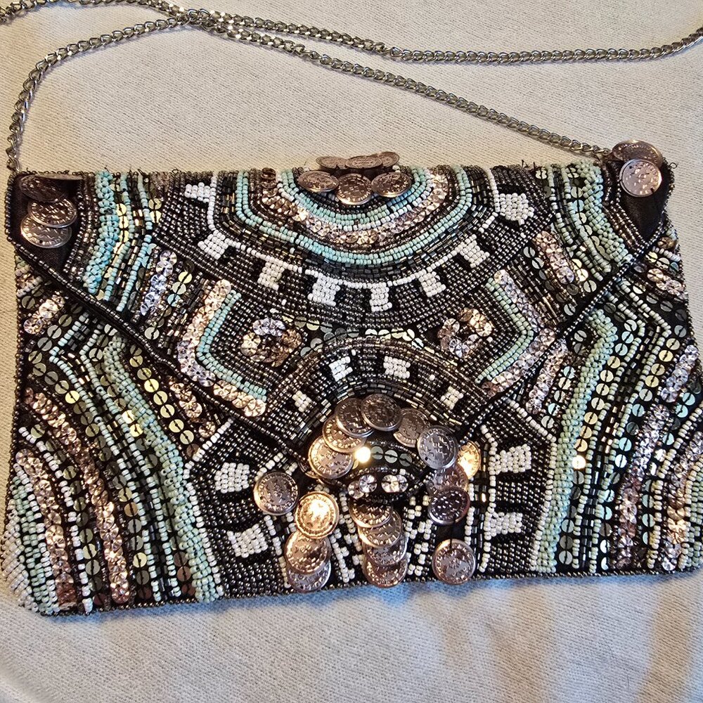 Clements Ribeiro Black Beaded Sequin Evening Clutch Bag with Coins